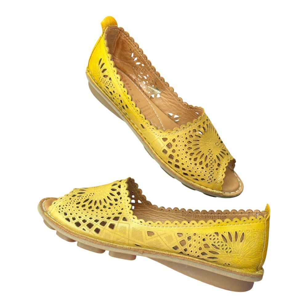Spring Step Bormeda Sandals Womens 41 Yellow Leather Laser Cut Flats Boho Hippie